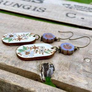 Hand Painted Floral Charm Earrings. Rustic Wood Charm Earrings. Lavender Czech Glass Flower Earrings. Nature Inspired Earrings