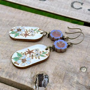 Hand Painted Floral Charm Earrings. Rustic Wood Charm Earrings. Lavender Czech Glass Flower Earrings. Nature Inspired Earrings