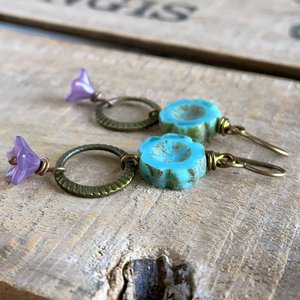 Bohemian Floral Earrings, Turquoise & Purple Glass Flowers, Colourful Czech Glass Jewellery, Summer Style