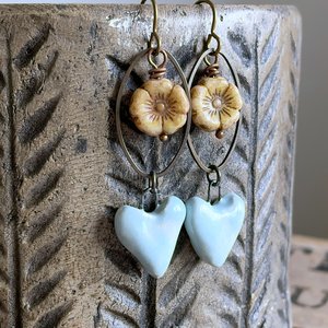 Handcrafted Blue Heart Earrings with Czech Glass Flowers – Artisan Ceramic Jewellery