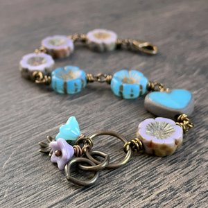 Artisan Ceramic Heart Bracelet. Lavender & Blue Czech Glass Flower Bracelet. Bohemian Style Floral Bracelet