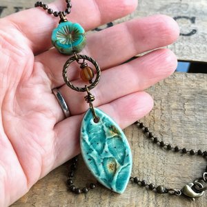Artisan Ceramic Necklace - Rustic Turquoise Pendant, Ellipse Design - Layering Jewellery, Handcrafted