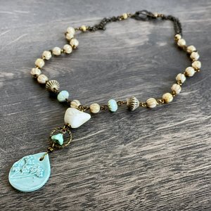Whimsical Ceramic Bird Necklace - Handmade Wildflower Pendant with Czech Glass. Spring Inspired Jewellery
