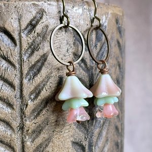 Spring Inspired Bell Flower Earrings - Pink & Mint Green. Pastel Czech Glass Jewellery. Floral Dangles