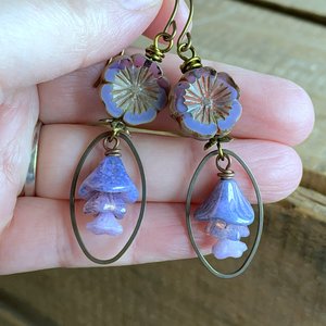Lavender Czech Glass Flower Earrings. Purple Flower Bead Earrings. Stacked Earrings. Nature Inspired Floral Earrings