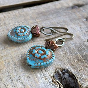 Rustic Turquoise & Copper Glass Heart Earrings. Colourful Czech Glass Bead Earrings. Summer Jewellery
