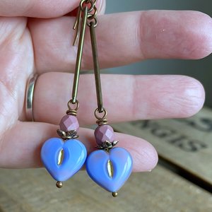 Blue & Pink Czech Glass Heart Earrings. Long Bohemian Style Earrings. Brass Earrings