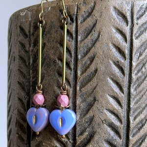 Blue & Pink Czech Glass Heart Earrings. Long Bohemian Style Earrings. Brass Earrings