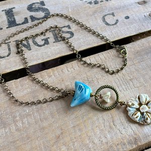 Artisan Ceramic Bird Necklace. Pottery Pendant. Flower Necklace. Whimsical Necklace. Mixed Media Necklace