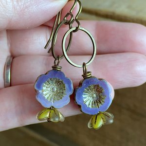 Purple & Green Glass Flower Earrings - Bohemian Floral Accessories - Handmade Nature Inspired Jewellery