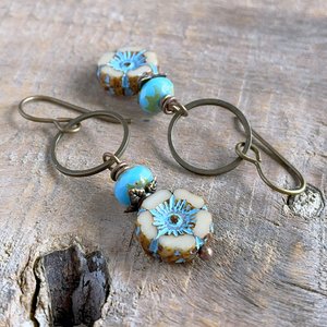 Rustic Czech Glass Flower Earrings. Petite Cream & Blue Floral Earrings. Nature Jewellery