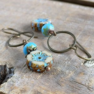 Rustic Czech Glass Flower Earrings. Petite Cream & Blue Floral Earrings. Nature Jewellery