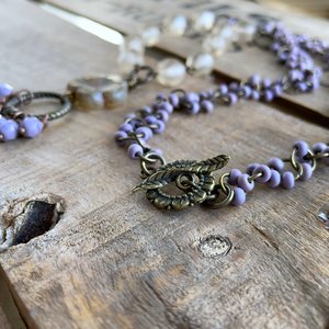 Bohemian Style Necklace. Brass Leaf Necklace. Czech Glass Flower Necklace. Purple & Cream Necklace