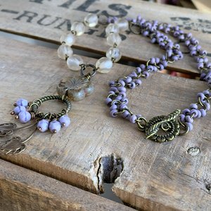 Bohemian Style Necklace. Brass Leaf Necklace. Czech Glass Flower Necklace. Purple & Cream Necklace