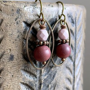 Burgundy Mookaite & Czech Glass Earrings. Rustic Stacked Earrings. Antiqued Brass Earrings