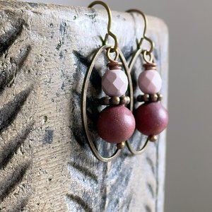 Burgundy Mookaite & Czech Glass Earrings. Rustic Stacked Earrings. Antiqued Brass Earrings