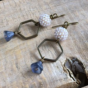 Hand Antiqued Brass Hexagon Earrings - Artisan Beaded Bohemian Jewellery - One of a Kind 