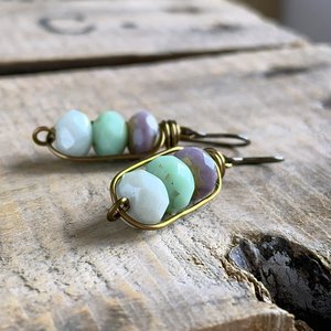 Czech Glass Bead Earrings. Mint & Lavender Stacked Earrings. Wire Work Earrings. Petite Drop Earrings