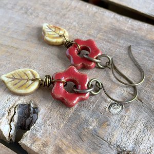 Rustic Red Artisan Ceramic Flower Earrings. Glass Leaf Earrings. Bohemian Style Jewellery. Nature Inspired Jewellery