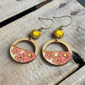 Hand-Painted Birch Wood Earrings. Bohemian Style Poppy Earrings. Colourful Coral Pink and Yellow Earrings. Summer Jewellery