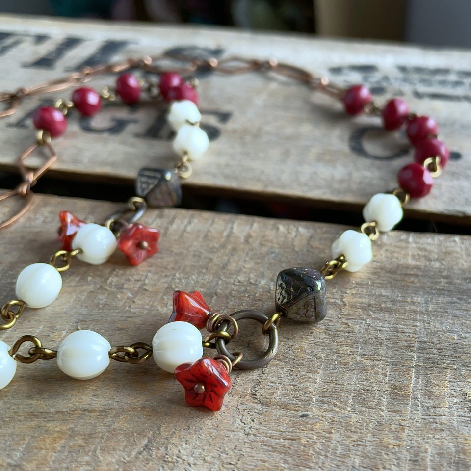 Bohemian Style Czech Glass Necklace. Flower Necklace. Copper, Cream & Red Necklace. Mixed Media Jewellery