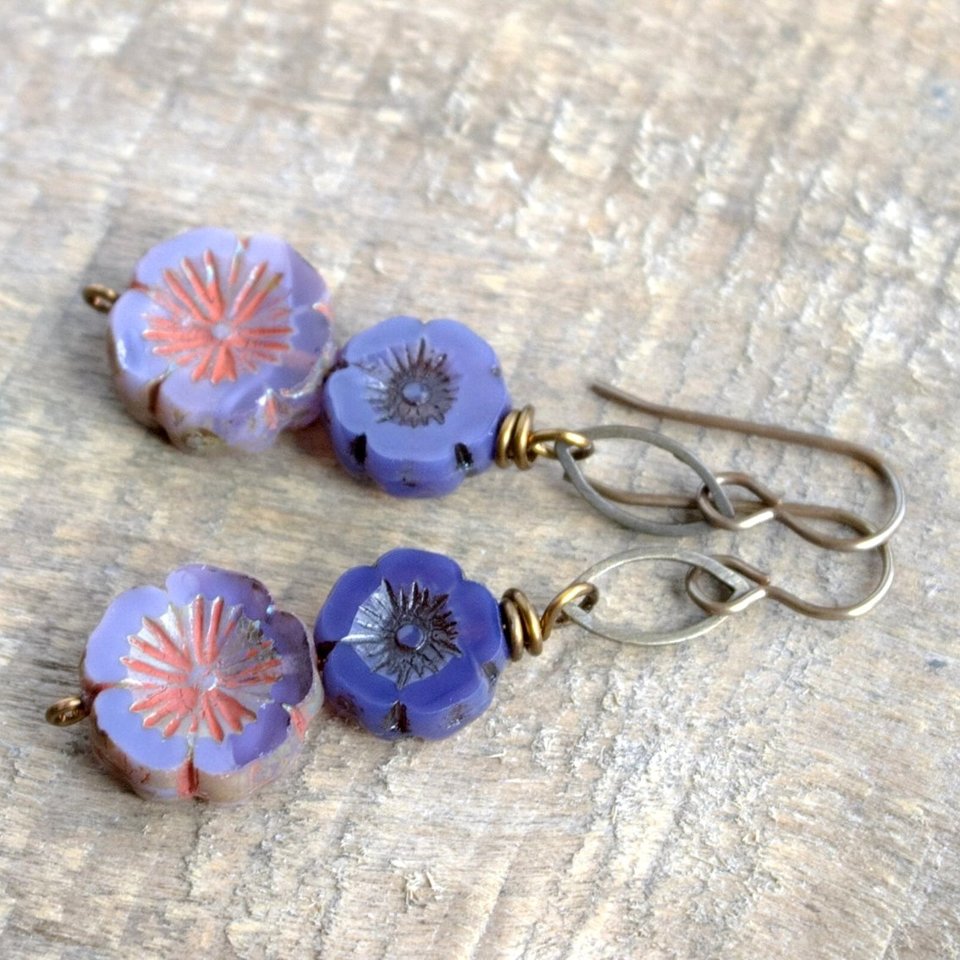 Handmade Purple Czech Glass Flower Earrings - Lavender Pansy, Bohemian Style Jewellery