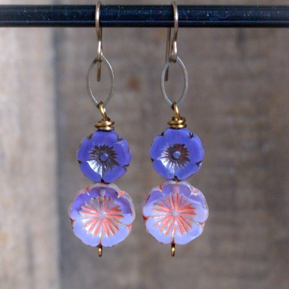 Handmade Purple Czech Glass Flower Earrings - Lavender Pansy, Bohemian Style Jewellery