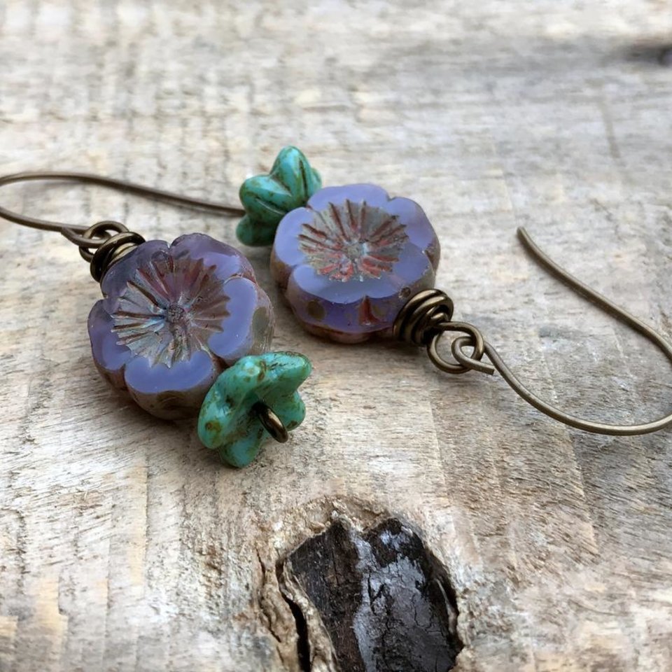 Purple & Turquoise Czech Glass Flower Earrings - Lavender Floral Design - Rustic Nature Lover Jewellery