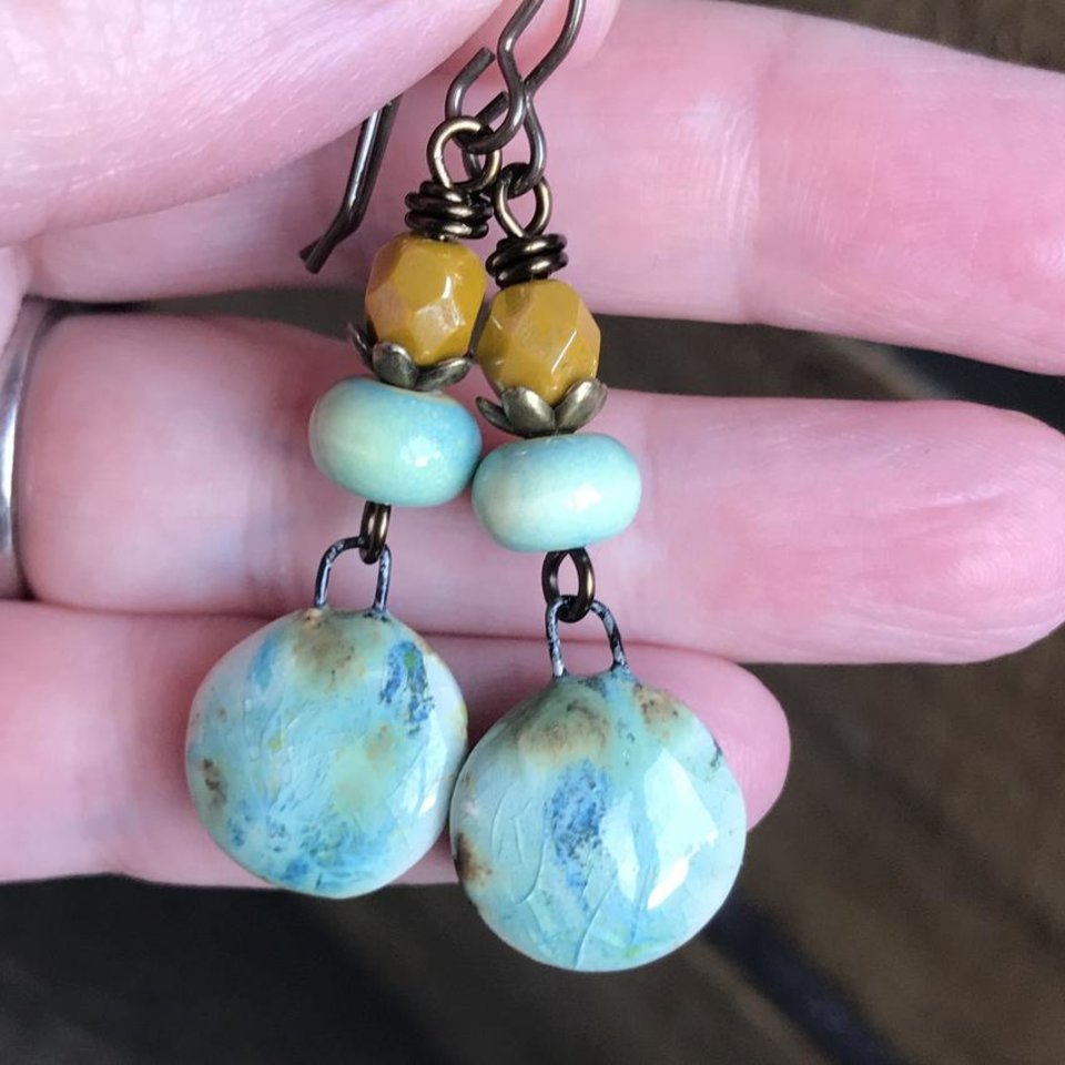 Rustic Yellow & Green Ceramic Dangle Earrings - Artisan Crafted Pottery Jewellery