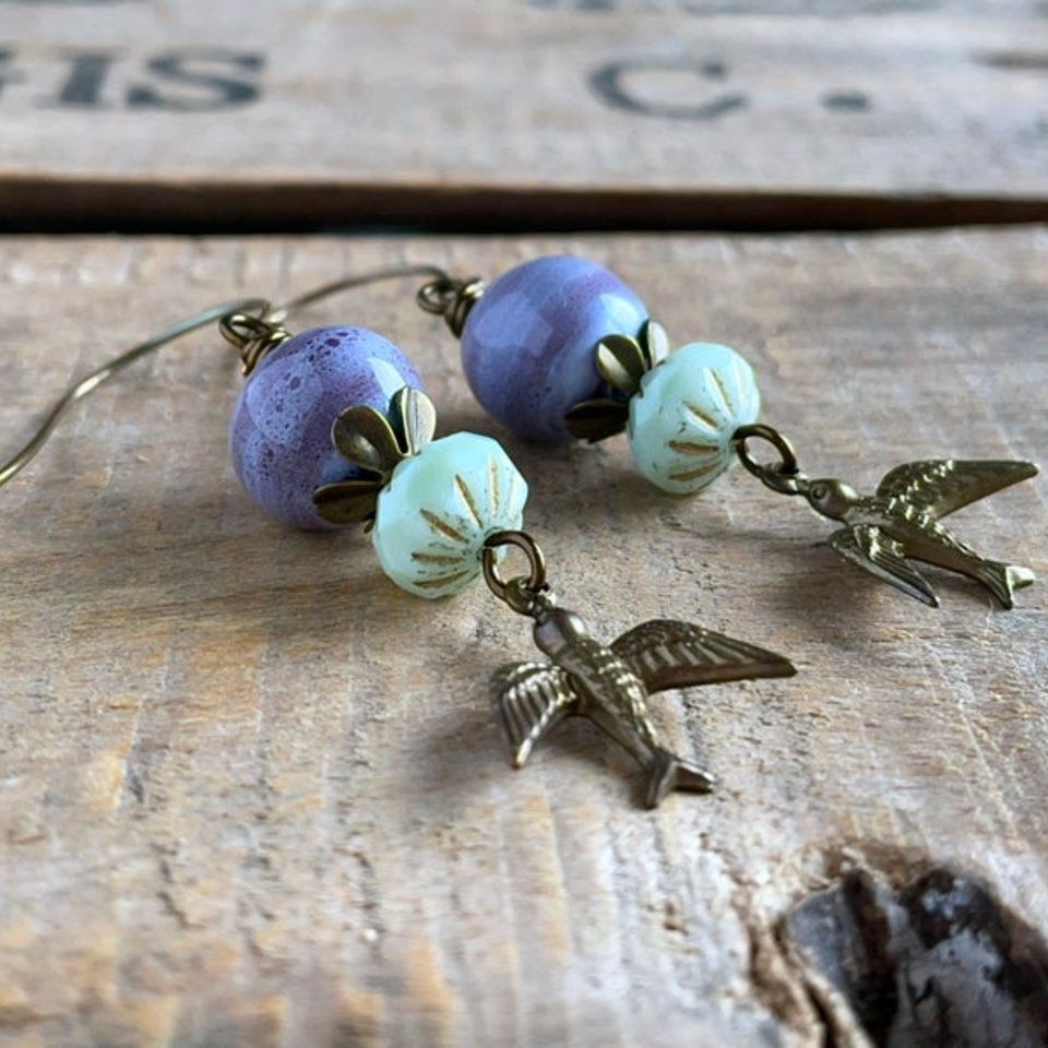 Flying Bird Earrings – Whimsical Boho Style. Purple & Green Dangles. Artisan Handcrafted Jewellery