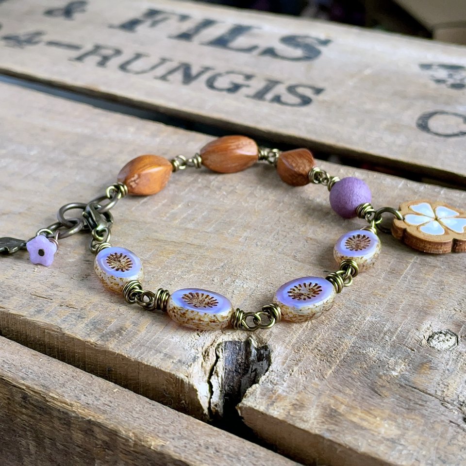 Czech Glass & Wooden Bead Bracelet. Rustic Lilac Beaded Bracelet. Azelea Flower Charm Bracelet. Nature Inspired Jewellery