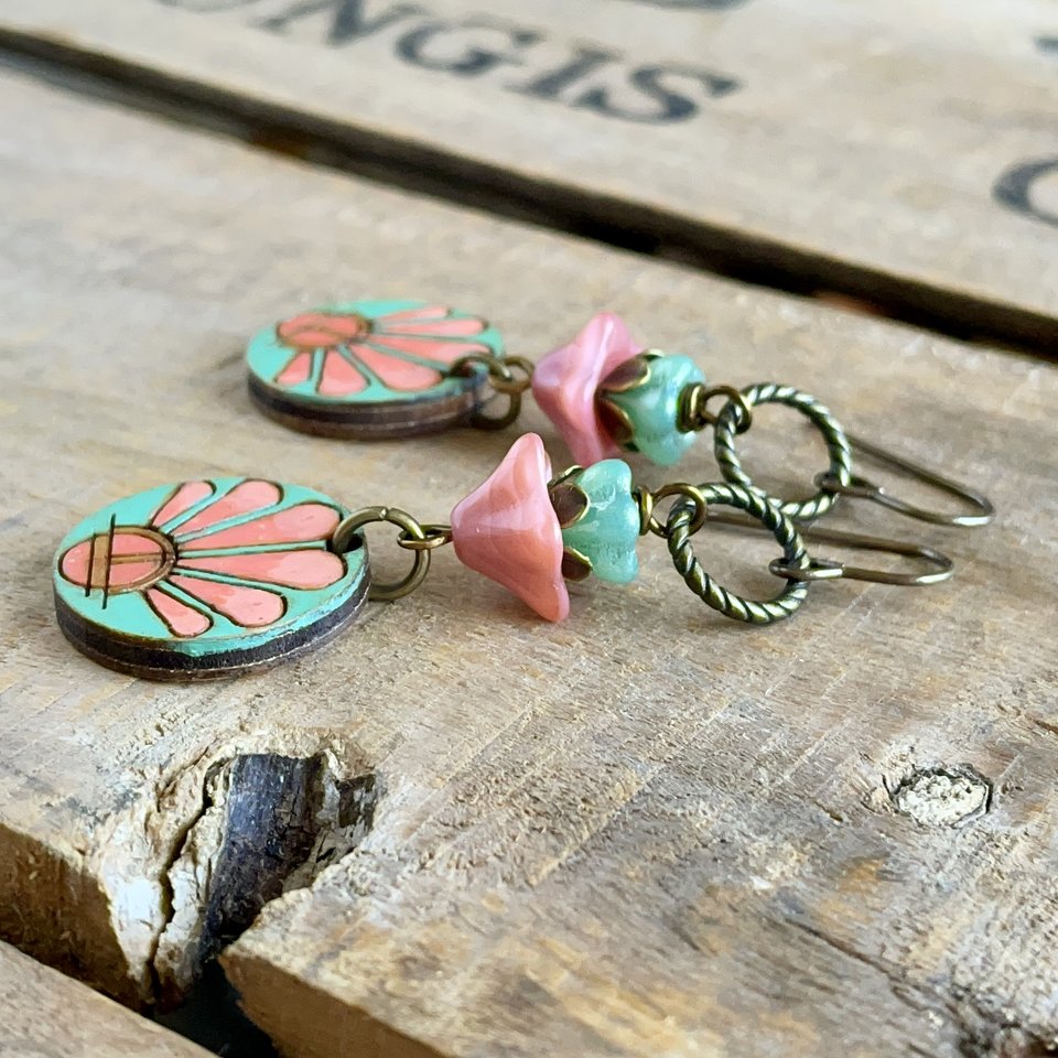Colourful Hand Painted Wooden Charm Earrings. Czech Glass Flower Earrings. Summer Jewellery. Bohemian Style Jewellery