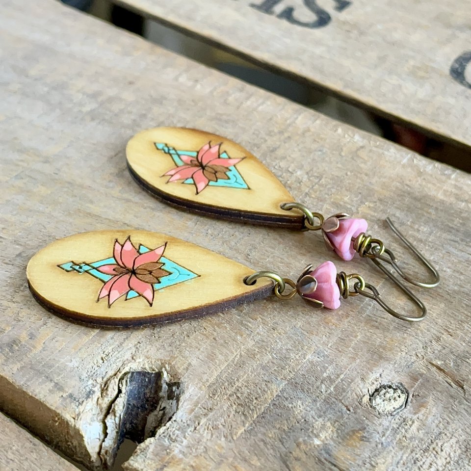 Colourful Wooden Charm Earrings. Hand Painted Earrings. Coral Pink & Turquoise Earrings