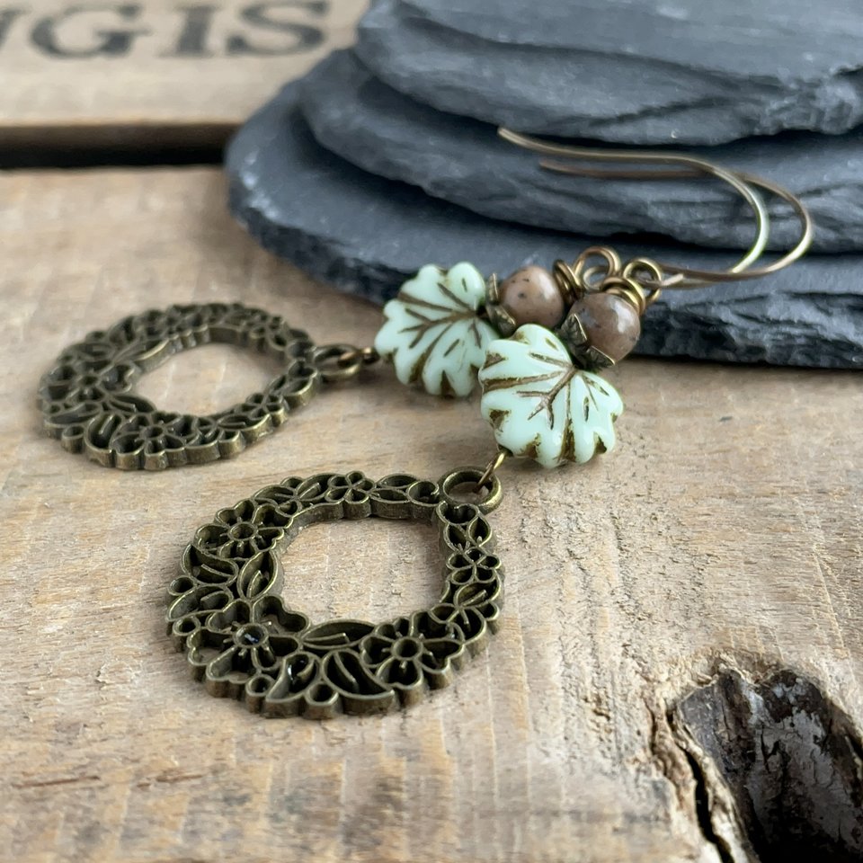 Maple Leaf Earrings. Mint Green Czech Glass Earrings. Nature Jewellery. Statetment Earrings. Bohemian Style Jewellery