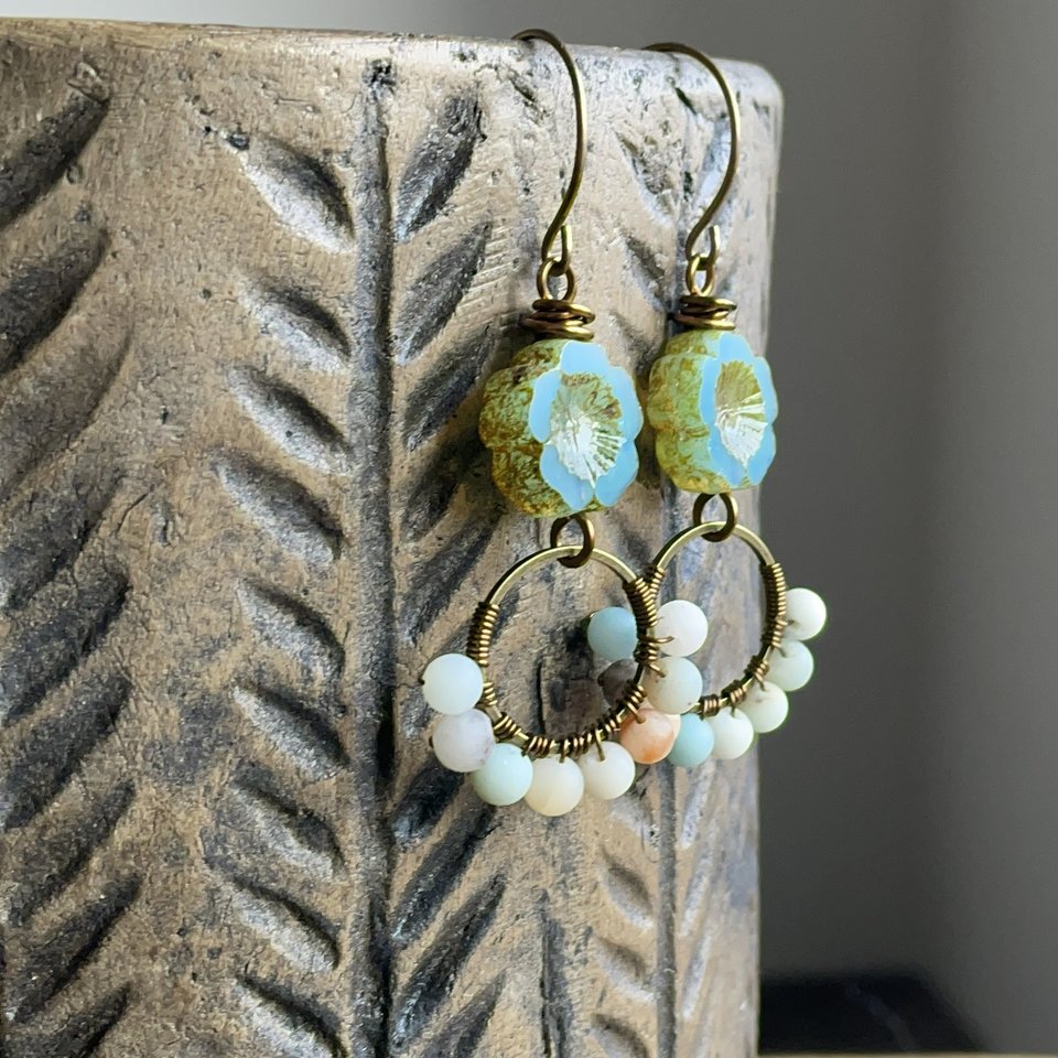 Seafoam Green Czech Glass Flower Earrings. Semi Precious Amazonite Earrings. Gemstone Earrings. Wire Wrapped Earrings