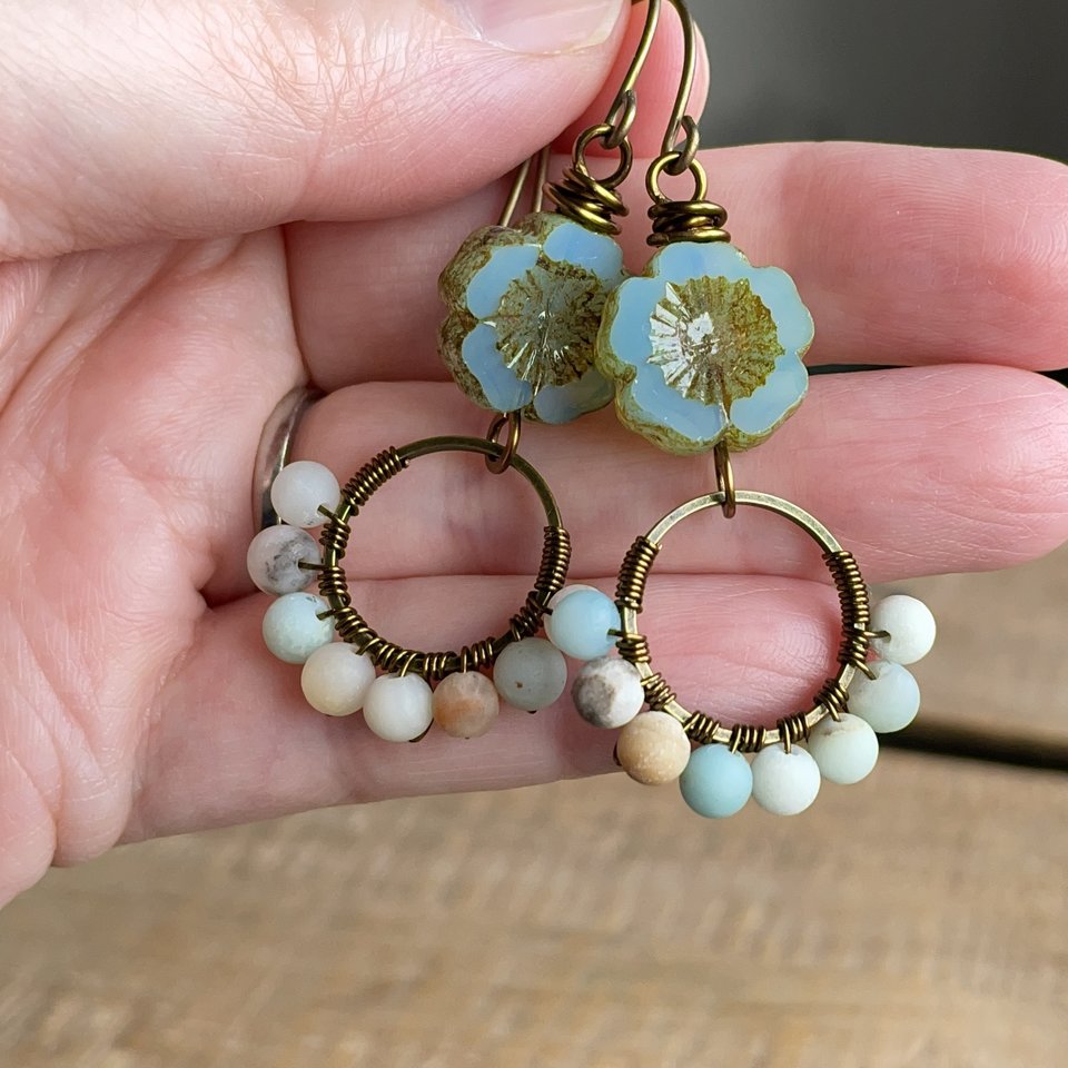 Seafoam Green Czech Glass Flower Earrings. Semi Precious Amazonite Earrings. Gemstone Earrings. Wire Wrapped Earrings