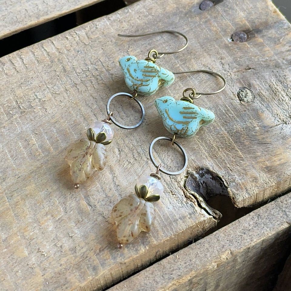 Whimsical Mint Green Bird Earrings. Nature Inspired Earrings. Rustic Czech Glass Earrings