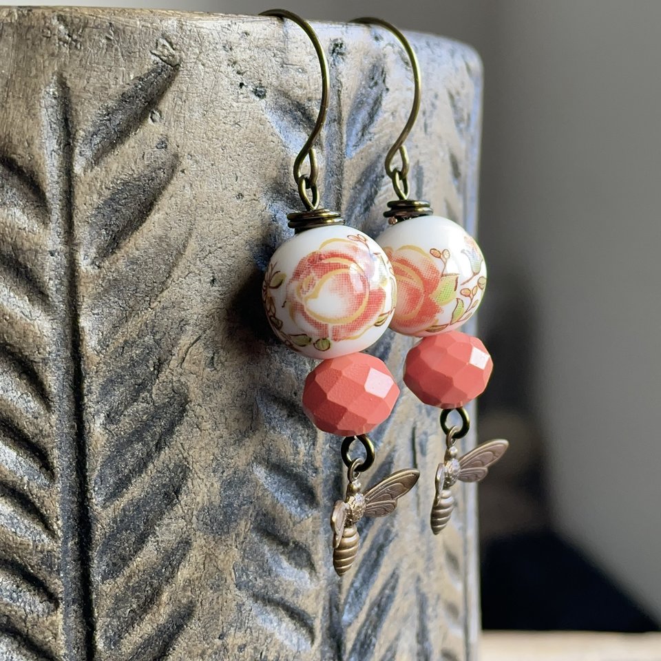 Brass Bumble Bee Earrings. Coral Peach Earrings. Whimsical Glass & Ceramic Earrings