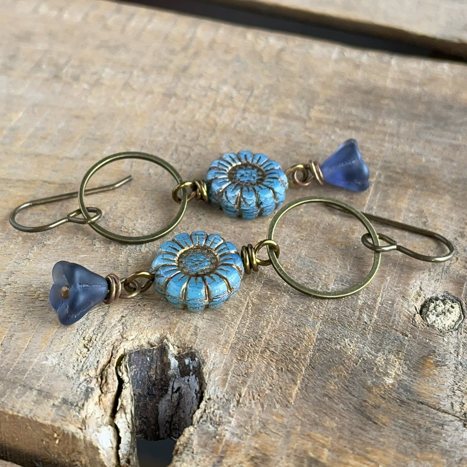 Rustic Blue Czech Glass Flower Earrings. Sunflower Bead Earrings. Bohemian Style Floral Earrings