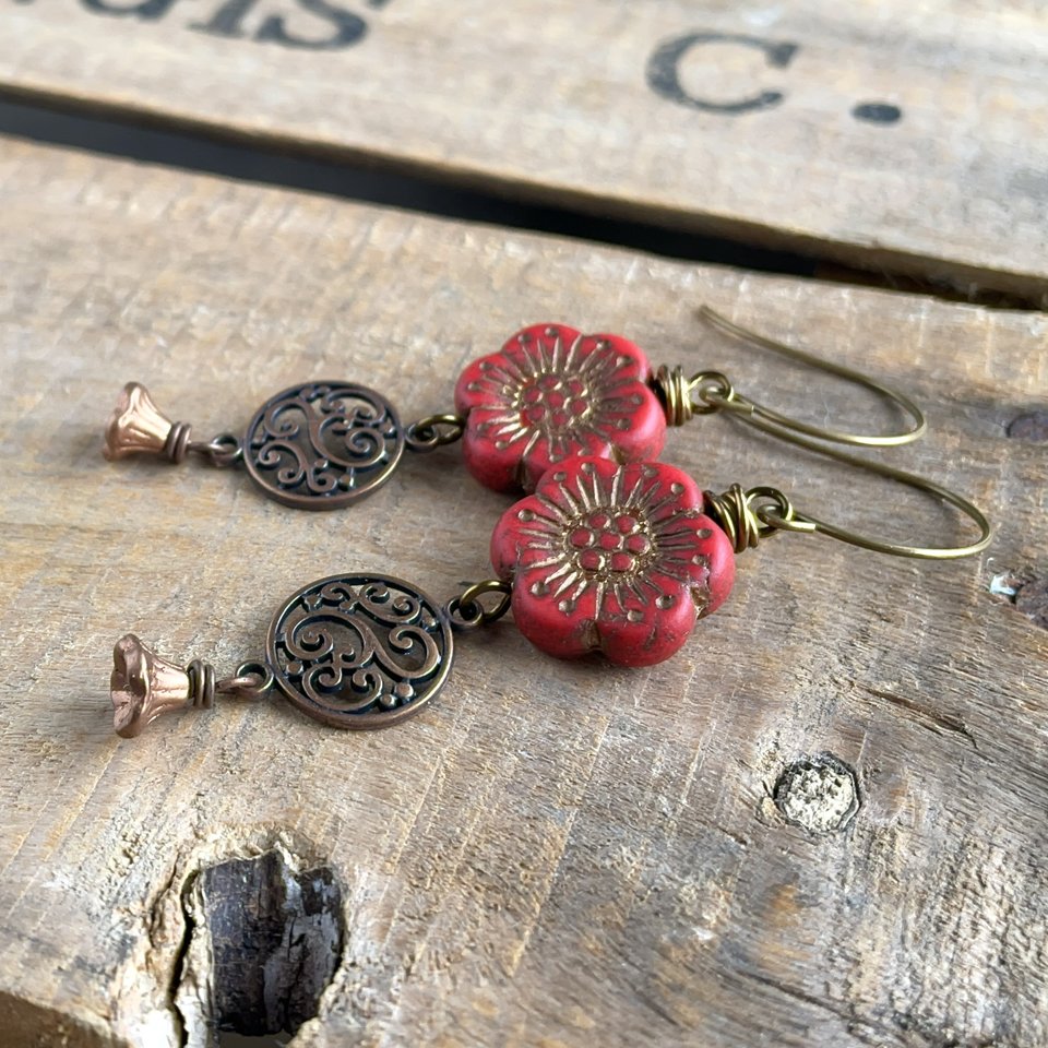 Red Anemone Blossom Earrings. Czech Glass Anemone Flower Earrings. Rustic Red & Copper Earrings. Bohemian Style Earrings