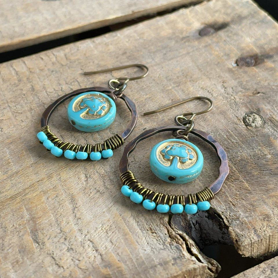 Turquoise Czech Glass Tree of Life Earrings. Bohemian Style Wire Wrapped Hoops. Colourful Summer Jewellery