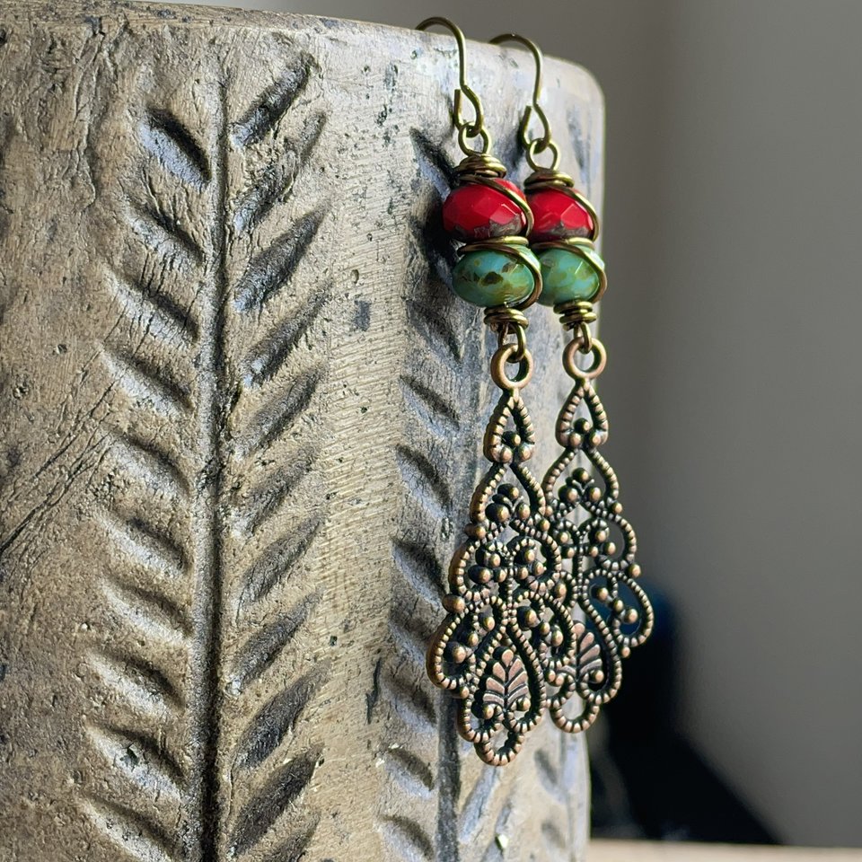 Bohemian Style Filigree Drop Earrings. Colourful Turquoise & Red Czech Glass Earrings. Long Boho Earrings