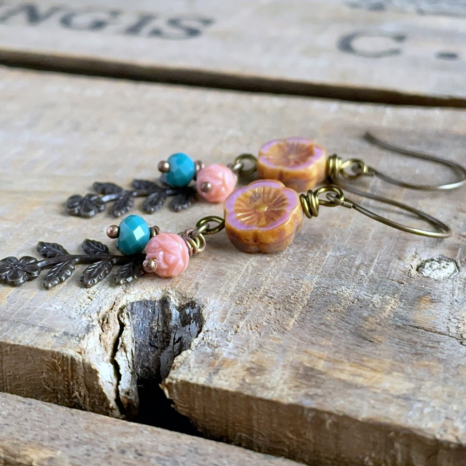 Spring Inspired Floret Charm Earrings. Brass Earrings. Coral Pink & Teal Green Earrings. Czech Glass Flower Earrings