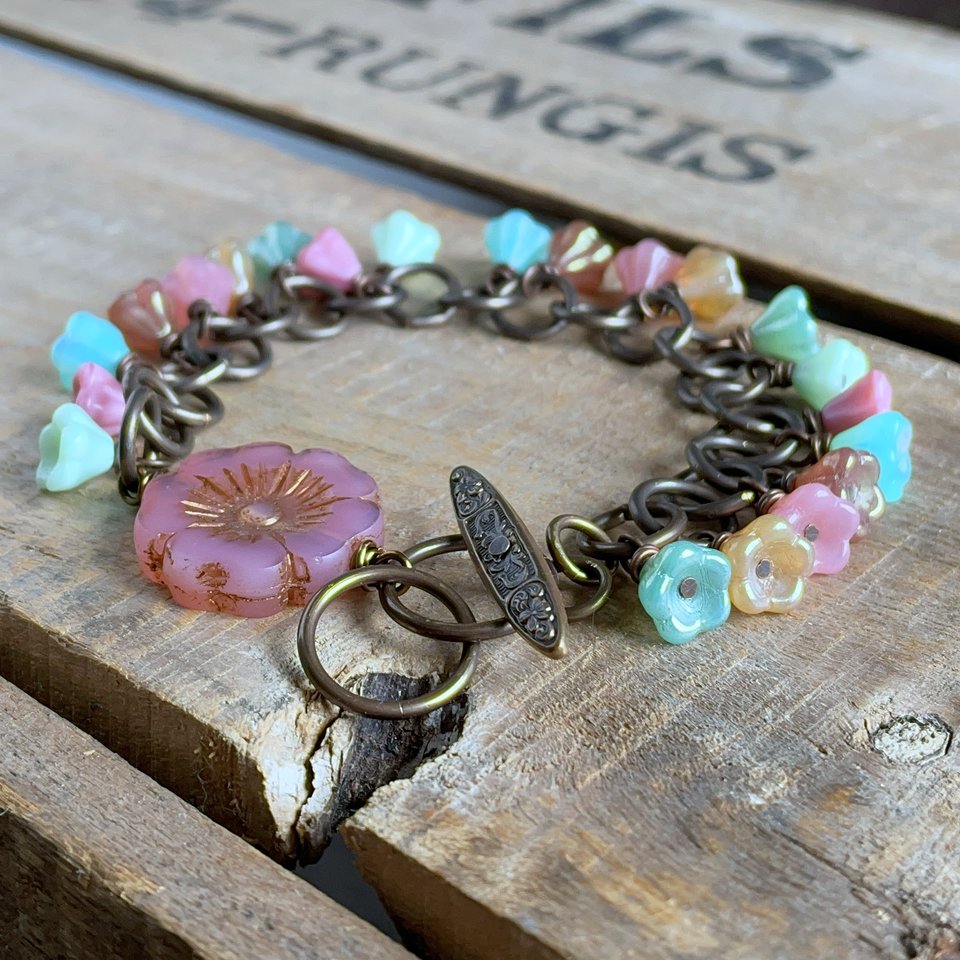 Colourful Czech Glass Flower Bracelet. Cluster Bracelet. Bohemian Style Floral Bracelet