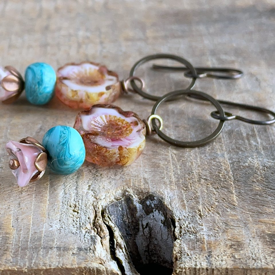 Spring Inspired Stacked Czech Glass Flower Earrings. Rose Pink & Green Floral Earrings. Glass Flower Earrings