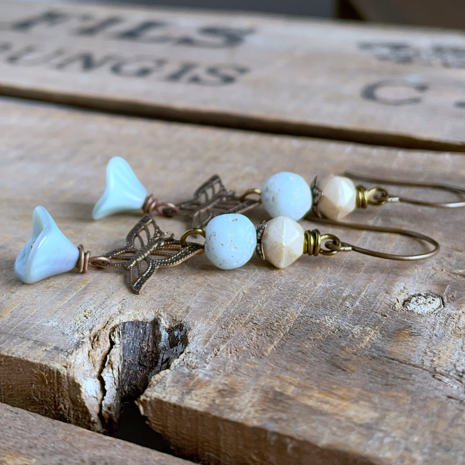 Rustic Seafoam Blue Butterfly Earrings - Whimsical Bohemian Style Jewellery, Nature Inspired