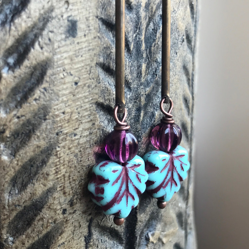 Turquoise Czech Glass Maple Leaf Earrings