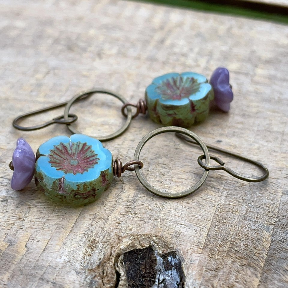 Rustic Flower Bead Earrings in Seafoam Green & Lavender Purple - Nature Inspired Brass Jewellery