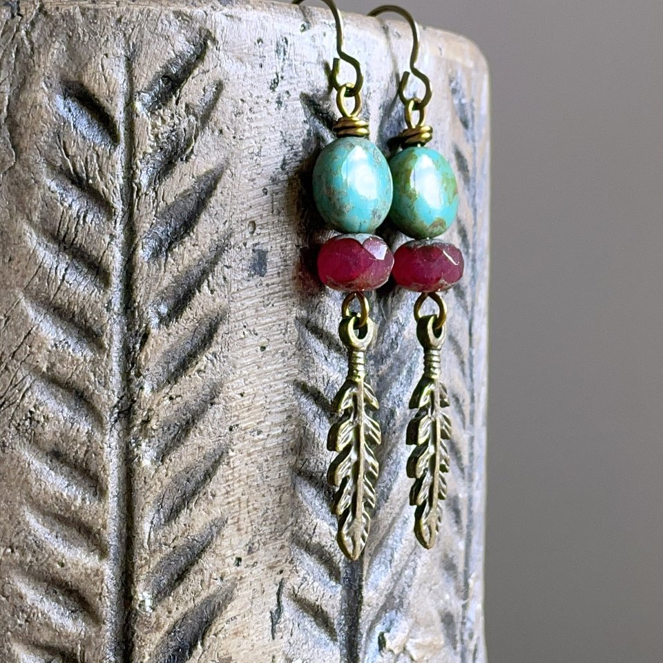 Bohemian Style Feather Earrings. Green & Pink Czech Glass Earrings. Feather Charm Earrings. Rustic Feather Earrings