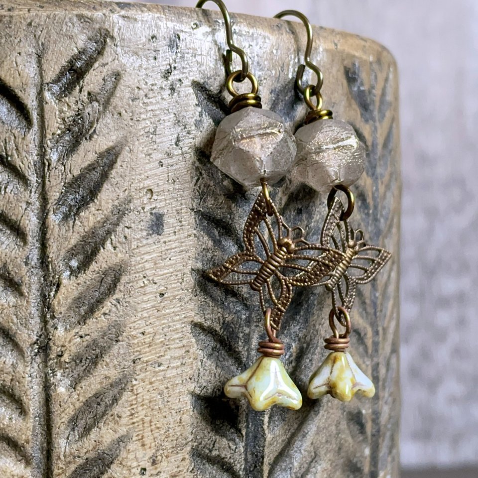 Bohemian Brass Butterfly Earrings with Rustic Czech Glass - Whimsical and Unique Nature Jewellery